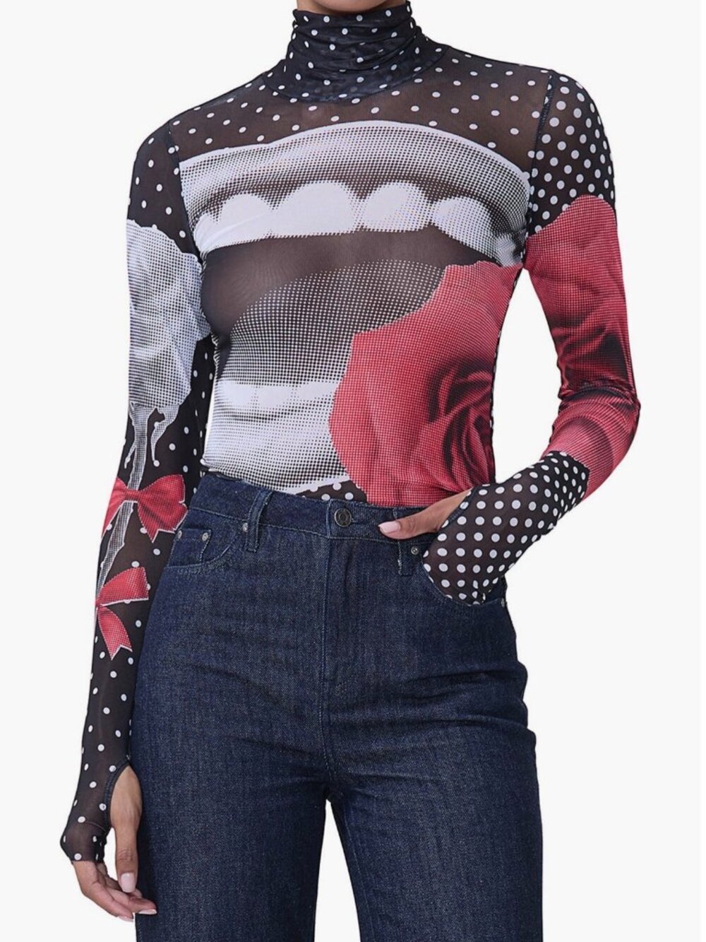 AFRM "Zadie" Print Mesh Turtleneck Top, size M